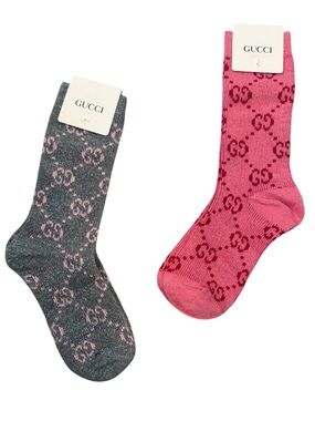 2 Pair Gucci Outlet GG Monogram Crew Socks — Pink & Charcoal Pair